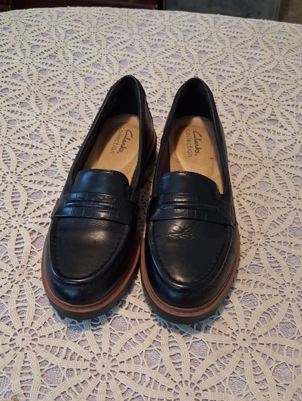 Clarks Black Leather Penny Loafers with Brown Contrast Sole